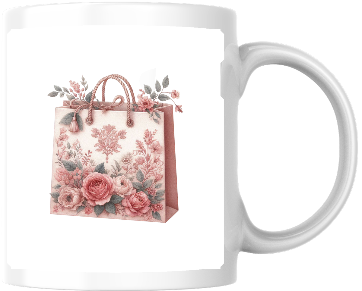 Vintage Floral Gift Bag Mug | Shabby Chic Pink Roses Coffee Mug | Romantic Feminine Gift