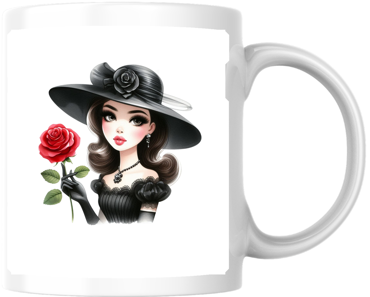 Elegant Lady Red Rose Mug | Vintage Glamour Black Hat Coffee Mug | Classy Feminine Gift