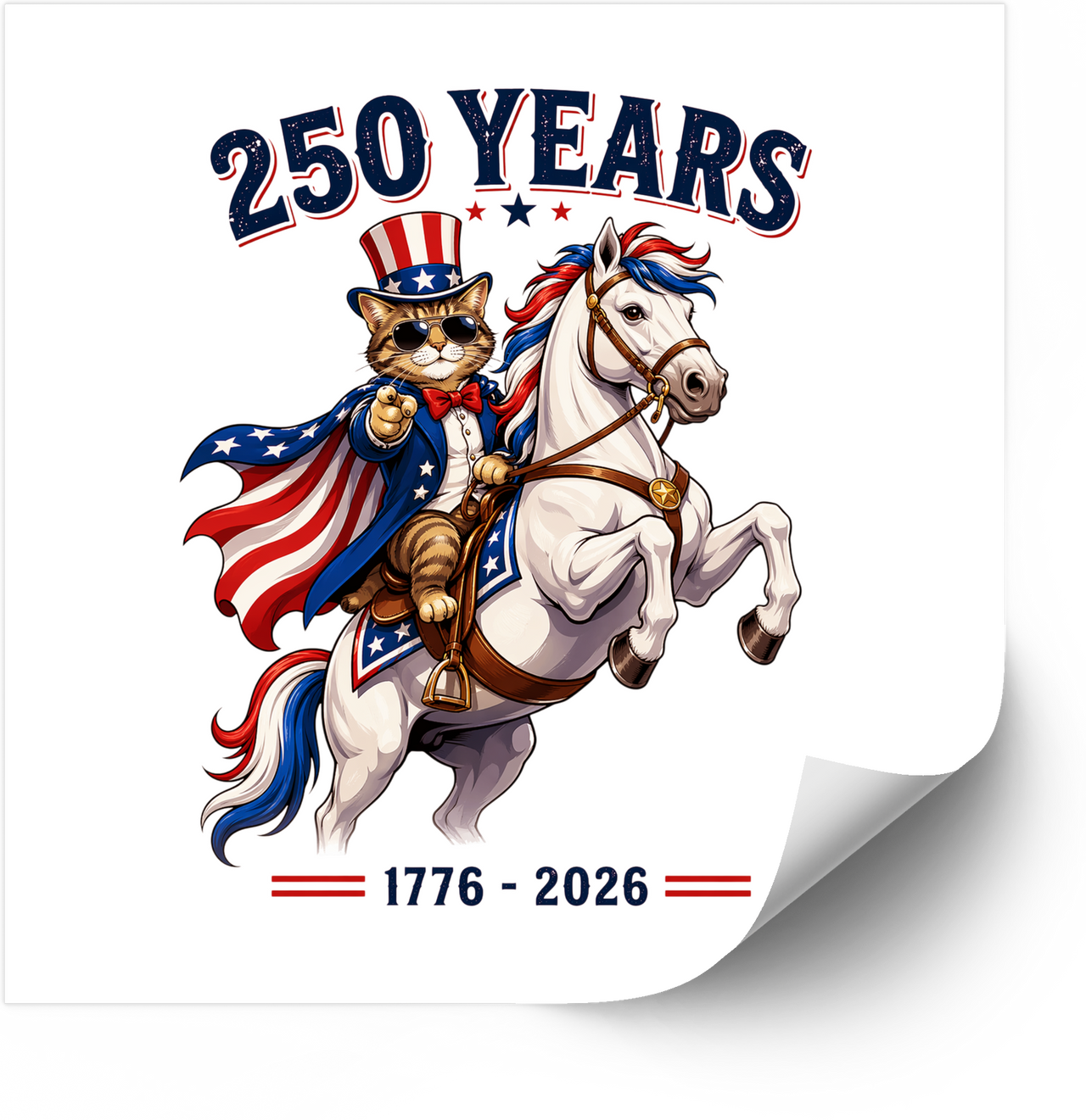 Patriotic Cat Riding Horse Funny 250 Years America 1776 2026 Vinyl Sticker Decal