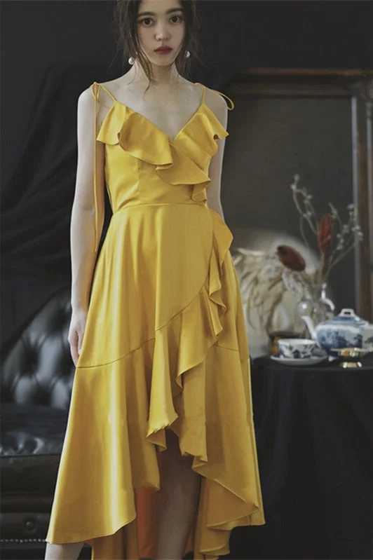 boho-chic dressHigh-low Yellow Ruffled Boho Bridesmaid Dress