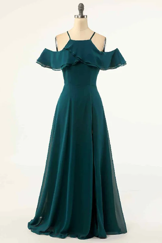 textured dressPeacock Green A-line Off-Shoulder Chiffon Crepe Long Bridesmaid Dress