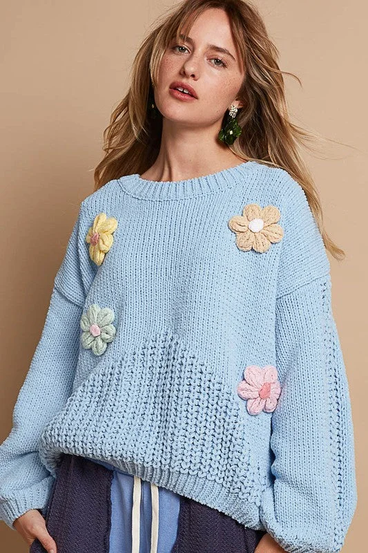 performance gym sweatshirtPOL Crochet Flower Round Neck Dropped Shoulder Sweater