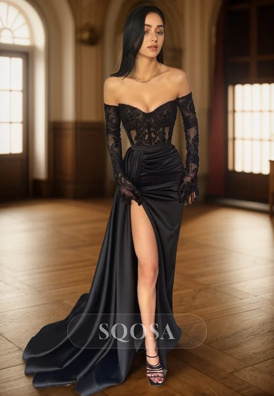 bodycon dressSheath Sweetheart Satin Pleated Lace Appliques Black Log Prom Formal Dress