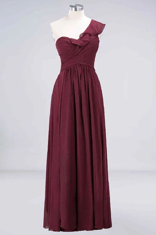 wool dressBurgundy A-line Asymmetrical Ruffle Neck Pleated Chiffon Long Bridesmaid Dress