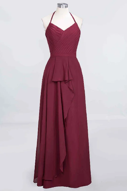 midi dressBurgundy A-line Halter Neck Cut-Out Chiffon Ruffle Long Bridesmaid Dress