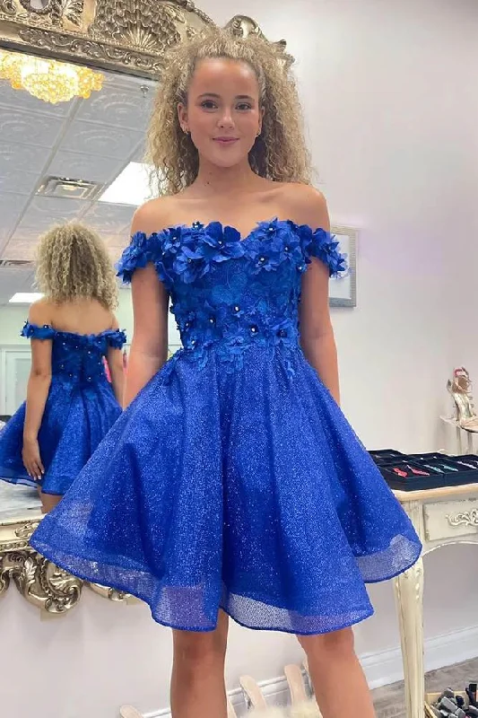 midi dressSparkly Royal Blue A-Line Off the Shoulder Beaded Flowers Homecoming Dress