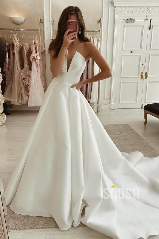 fitted dressA-line Attractive V-neck Ivory Satin Simple Wedding Dress Rustic Bridal Gowns QW2099