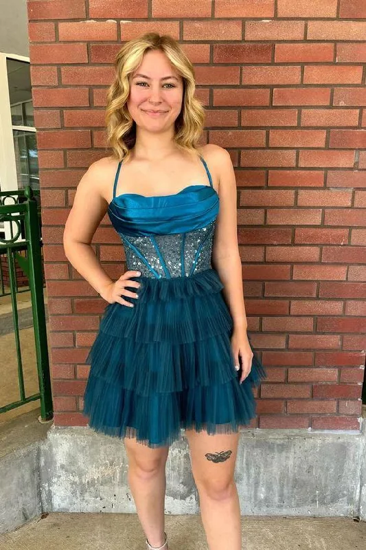 denim dressPeacock Corset A-line Ruffle Short Homecoming Dress