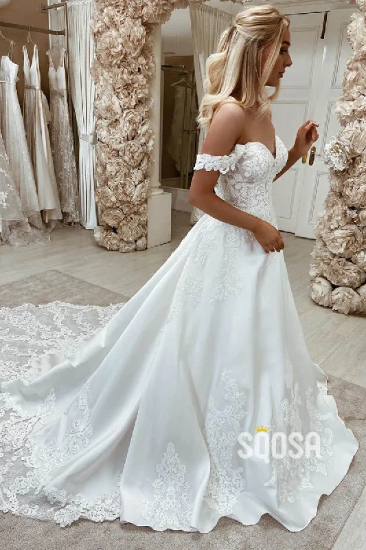 v-neck dressUnique Off-Shoulder Exquisite Lace Appliques A-line Wedding Dress with Court Train QW2557