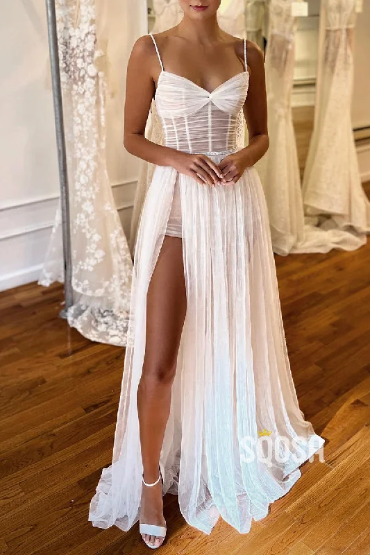 printed dressSpgahetti Straps Pleats High Split Bohemian Wedding Dress QW0851