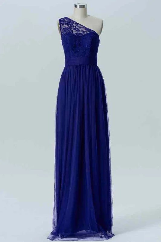 formal dressRoyal Blue A-line Illusion Lace One Shoulder Tulle Long Bridesmaid Dress