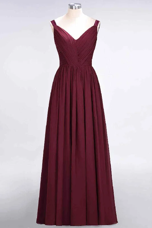 midi dressBurgundy A-line V Neck Sheer Straps Pleated Chiffon Long Bridesmaid Dress