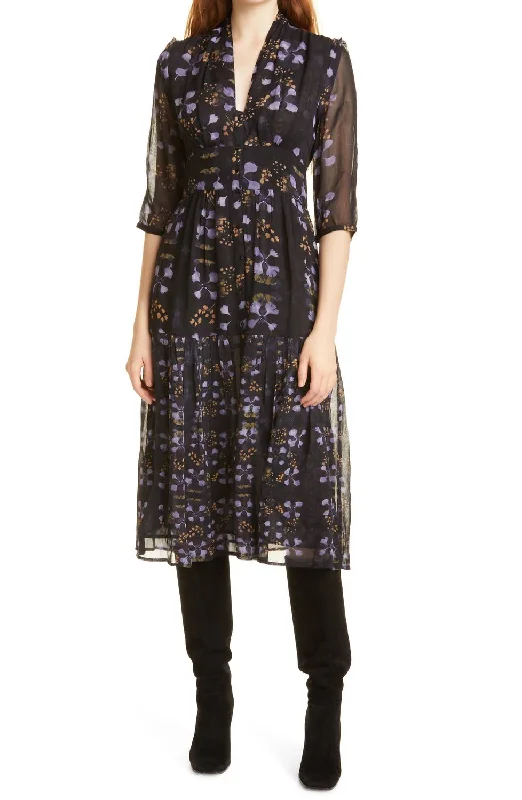 floral dressHaline V-Neck Floral Midi Dress In Nuit