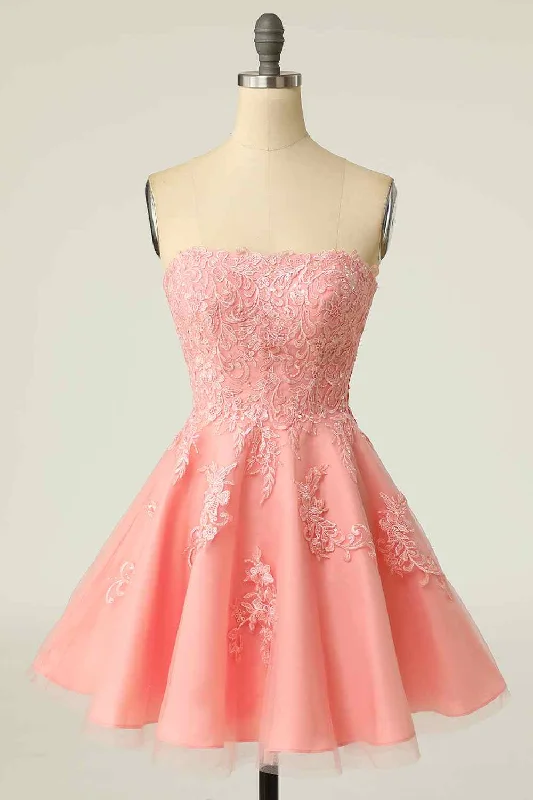 layered dressPink A-line Strapless Lace-Up Back Applique Tulle Mini Homecoming Dress