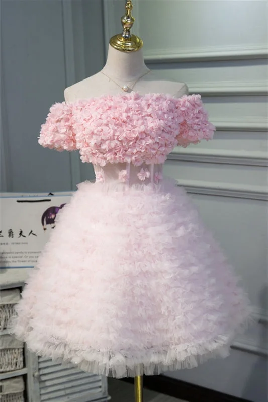 fitted cocktail dressPink Off-the-Shoulder Flowers Ruffles Tulle Homecoming Dress