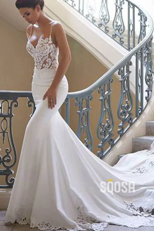 romantic dressSpaghetti Straps Exquisite Lace Wedding Dress Mermaid Gown QW2519