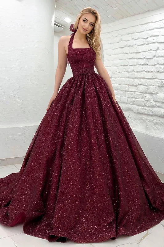 vintage dressUnique Halter Burgunyd Long Prom Dress Glitter QP0857