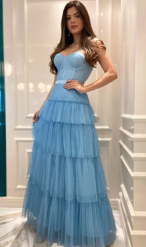 sleek dressLight Blue Spaghetti Straps Tulle Tiered Prom Dress Y2743