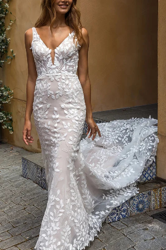 luxury dressSexy V-Neck Allover Romantic Lace Mermaid Wedding Dress Bridal Gown QW2593