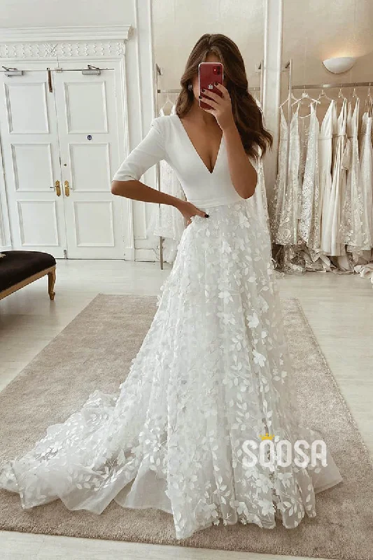 ruffle dressA-line Attractive V-neck Half Sleeves Lace Wedding Dress Rustic Wedding Gown QW2244