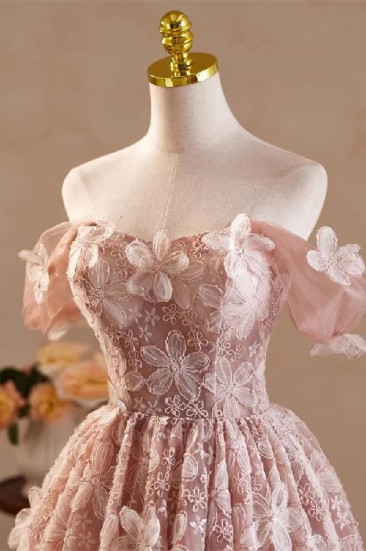 fitted cocktail dressPink Vintage Off the Shoulder Flower Appliques Homecoming Dress