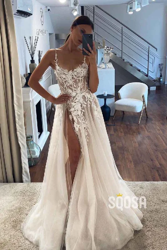 chic wrap dressA Line Scoop Lace Appliques Boho Wedding Dress with Slit QW2512