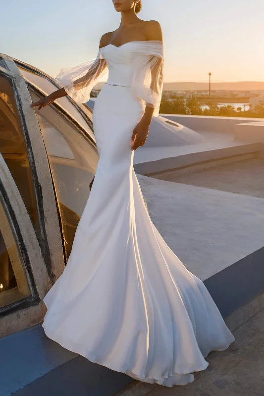 summer dressUnique Off Shoulder Long Sleeves Mermaid Wedding Dress QW2622