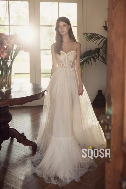 high-waisted dressA-Line Straples Tulle Illusion Applique Casual Wedding Dress Bridal Gowns QW8046