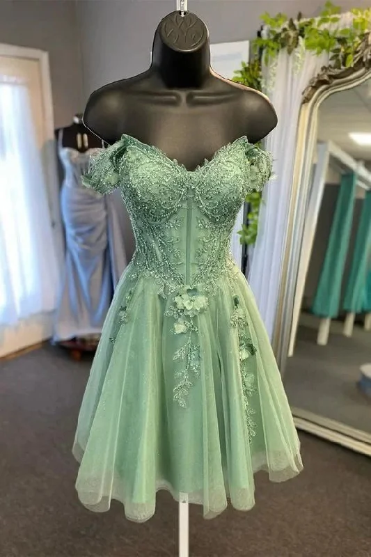 satin midi dressOff Shoulder Sage Green Lace Prom Dresses, Short Sage Lace Homecoming Dresses