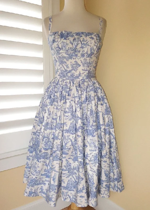 fitted cocktail dressVintage dress in blue and white "porcelain" print,short prom dress Y2818