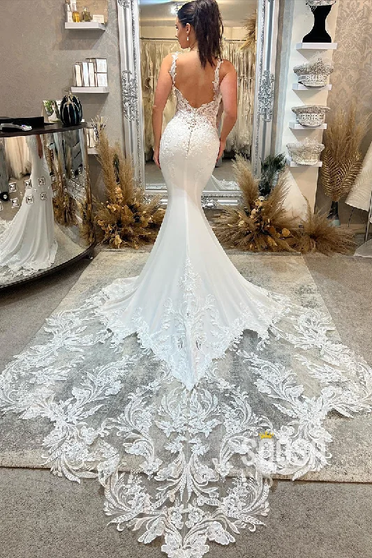 lace dressAttractive V-Neck Lace Appliques Mermaid Wedding Dress Bridal Gown QW2620