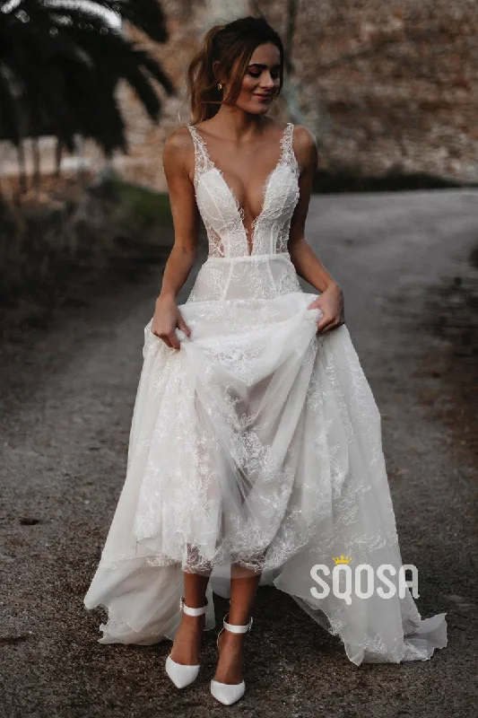 casual shift dressSexy V-neck Spaghetti Straps Lace Bohemian Wedding Dress with Sleeves QW2478