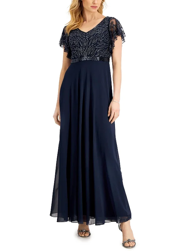 winter dressWomens Beaded Flutter Sleeve Evening Dress