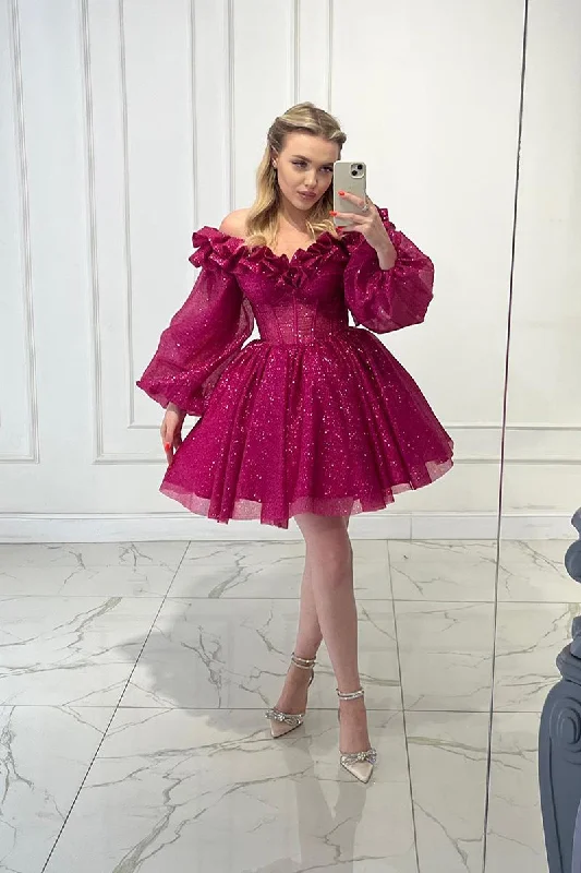 sleek dressA Line Strapless Long Sleeves Sparkly Short Prom Dress Fuchsia Homecoming Dress QH2492