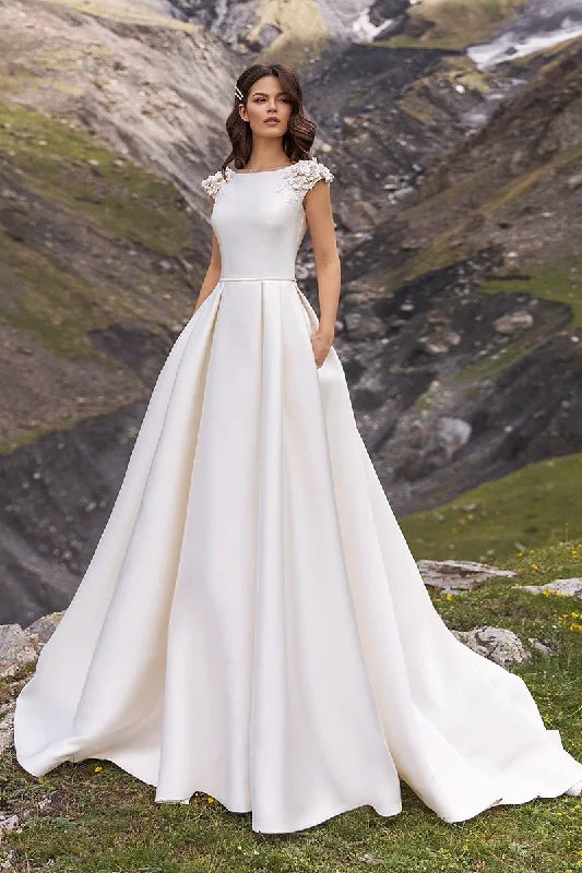 flowy evening dressA Line Scoop Cap Sleeves Beads Satin Rustic Wedding Dress with Court Train QW2115