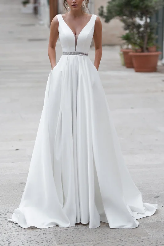 pleated dressA Line Deep V neck Satin Wedding Dress with Pockets Court Train Simple Bridal Gown QW2270