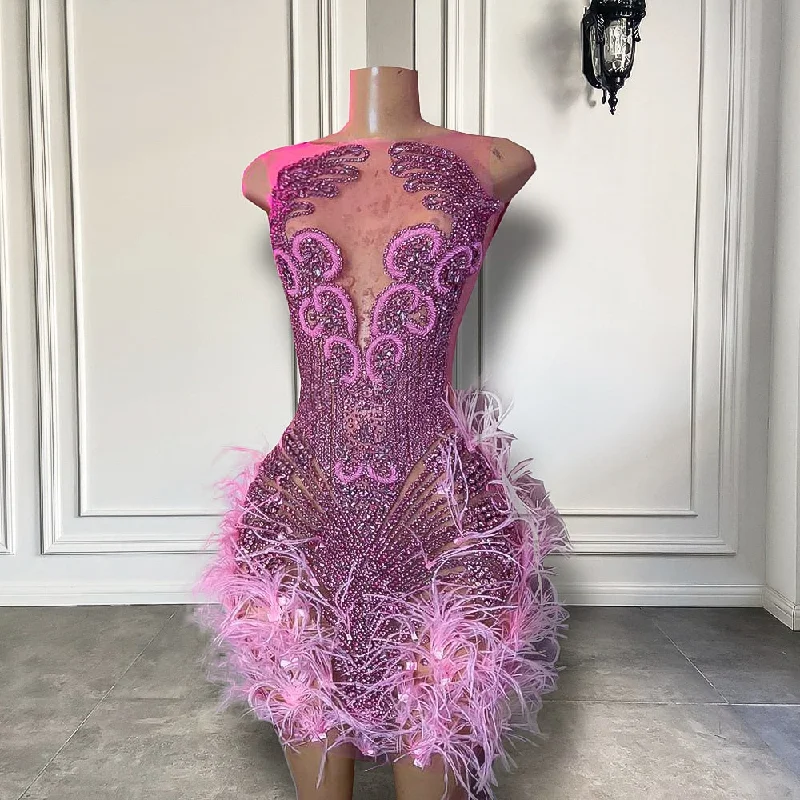 warm jacketStunning Sparkly Luxury Diamond Women Birthday Party Cocktail Gowns Sexy Sheer Pink Feather Mini Short Prom Dresses 2023