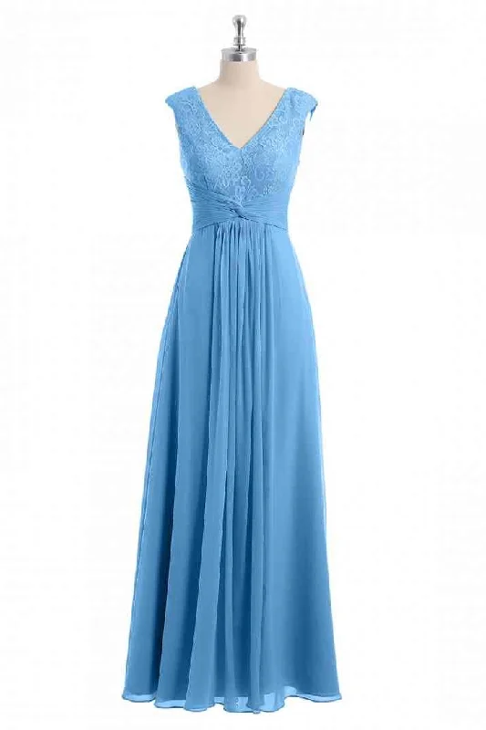 elegant dressBlue A-line V Neckline Chiffon Lace Long Bridesmaid Dress