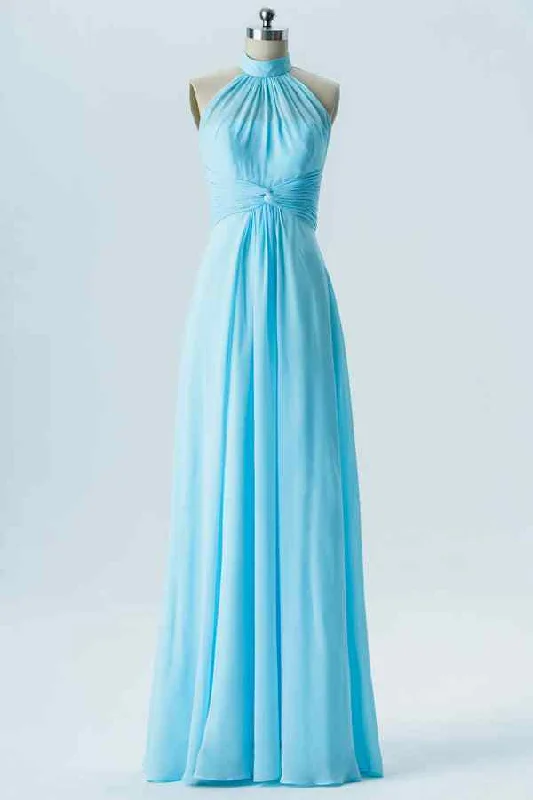 long-sleeve floral dressBlue A-line Halter Twisted Knot Chiffon Long Bridesmaid Dress with Buttons