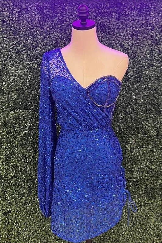 knit dressRoyal Blue One Shoulder Long Sleeve Sequins Sheath Homecoming Dress