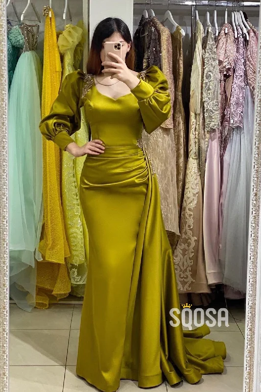 satin midi dressUnique Scoop Long Sleeves Pleats Long Formal Evening Gowns QP0910