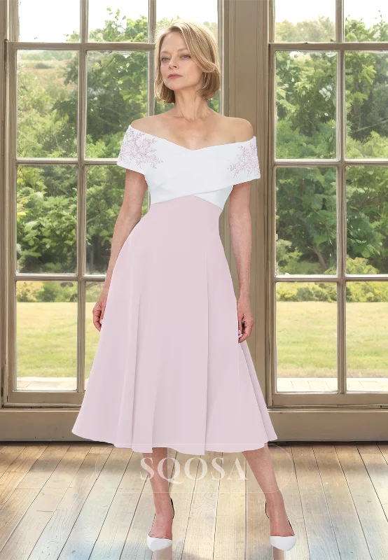 evening dressTube Top Off-Shoulder Sleeveless Pleated Applique Two Tone Midi A-Line Mother of the Bride Dress