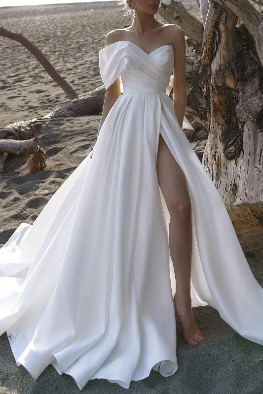 backless dressHall Casual White Wedding Dress A LIne Off Shoulder Satin Pleated Simple Bridal Gowns QW2655