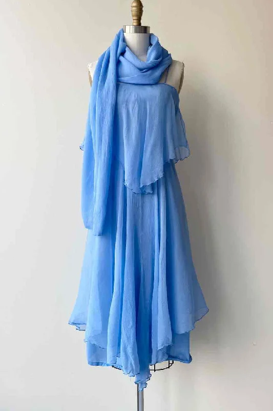 evening dressBlue A-line Spaghetti Straps Silk Scarf Chiffon Knee Length Bridesmaid Dress