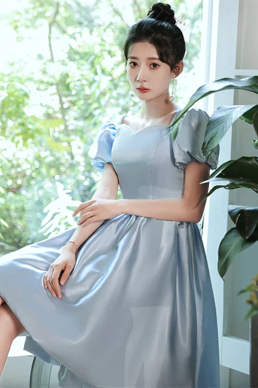 casual day dressLight Blue Satin Hi-Low Puff Sleeves Homecoming Dress