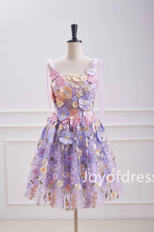 boho dressPrincess Bow Straps Lavender 3D Flowers Short Homecoming Dress