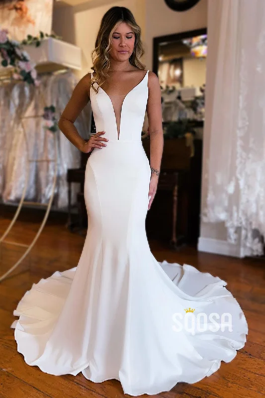 fitted bodycon dressPlunging V-Neck Simple Rustic Wedding Dress QW2398