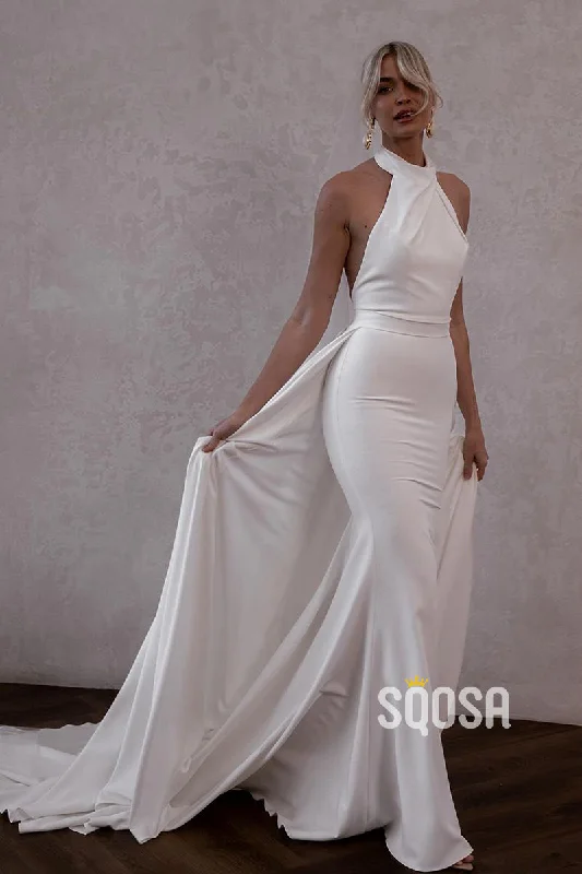 casual midi dressQW8005 - Halter Mermaid Casual Wedding Dress White Simple Bridal Gowns With Train