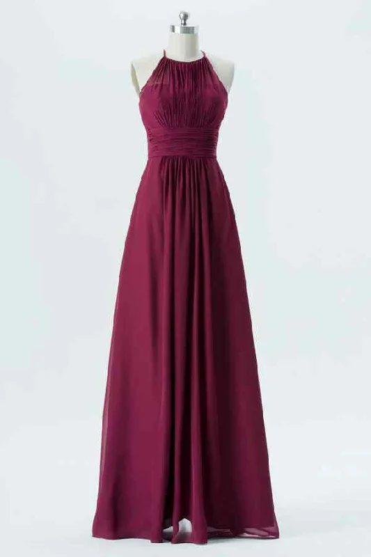 office dressMulberry A-line Halter Cut-Out Back Chiffon Long Bridesmaid Dress