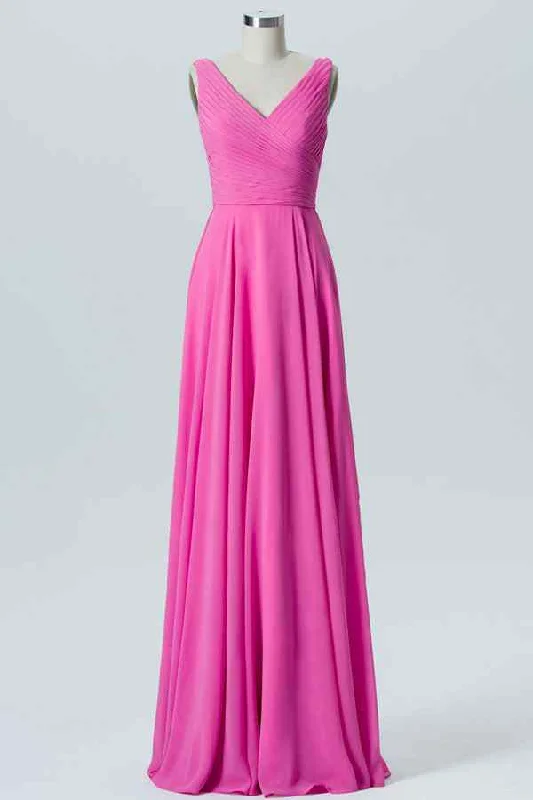 off-the-shoulder dressFuchsia A-line V Neck Chiffon Pleated Sash Long Bridesmaid Dress